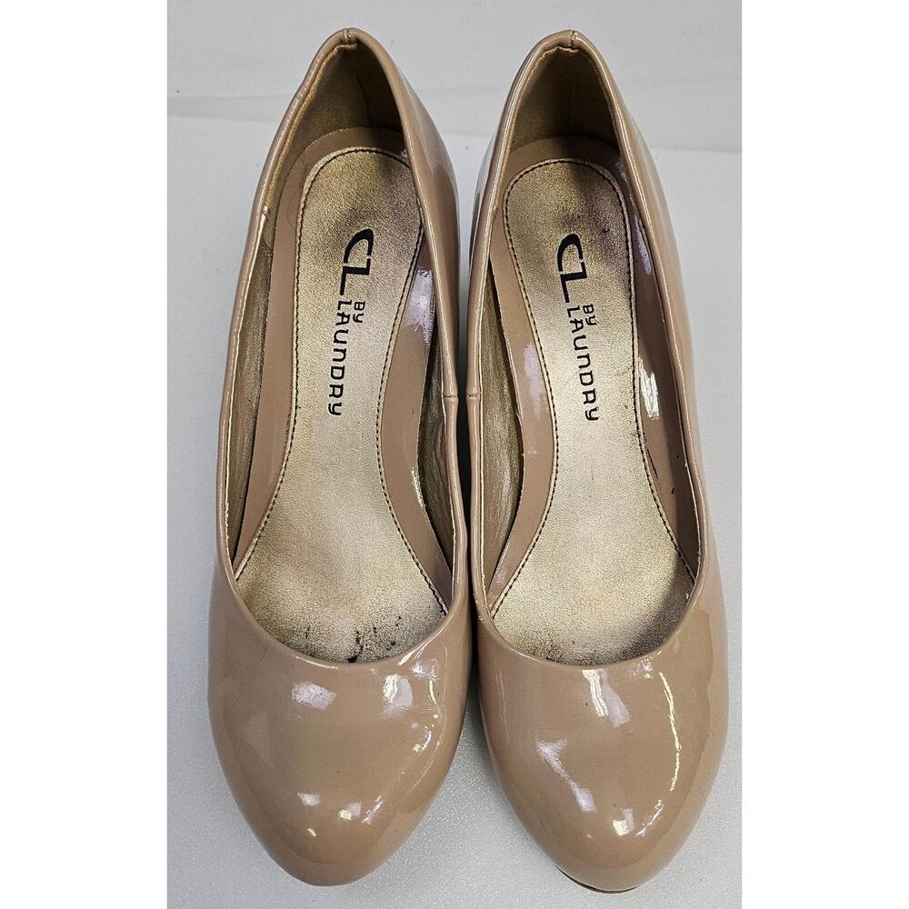 CL By Laundry Marcie Wedge Pump‎ Shoes 5.5 Beige Tan Shiny Corporate Work Heels